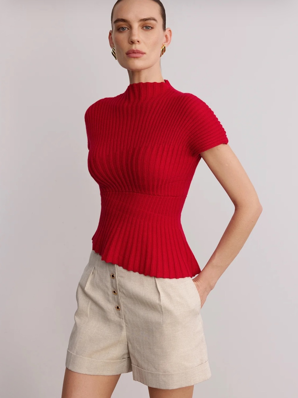 Commense Red Ribbed Short-Sleeve Knit Top Large NWT